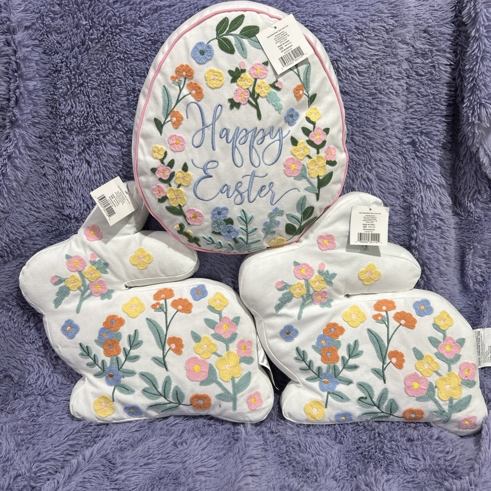 Easter Egg Accent Pillow Embroidered Shabby Chic Farmhouse NEW Set Of 3